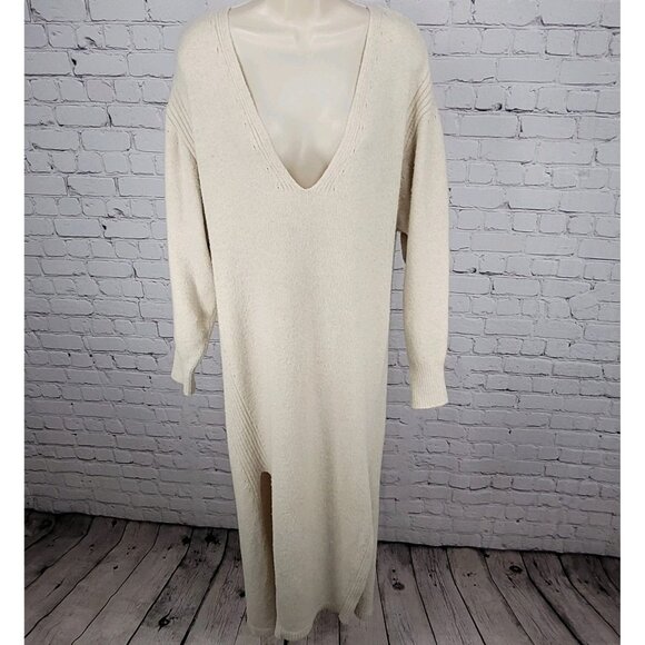 Free People Beige Plunge Long Sleeve Side Slits Maxi Sweater Dress Size Medium M - Picture 1 of 15